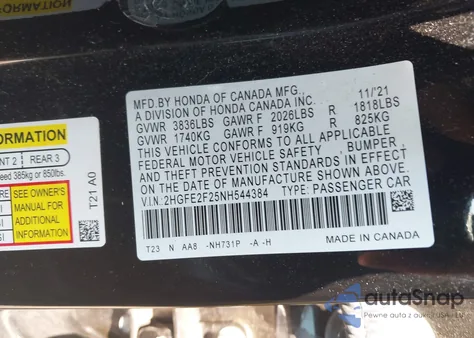 2022 Honda Civic Lx z USA, uszkodzony, nr VIN 2HGFE2F25NH544384